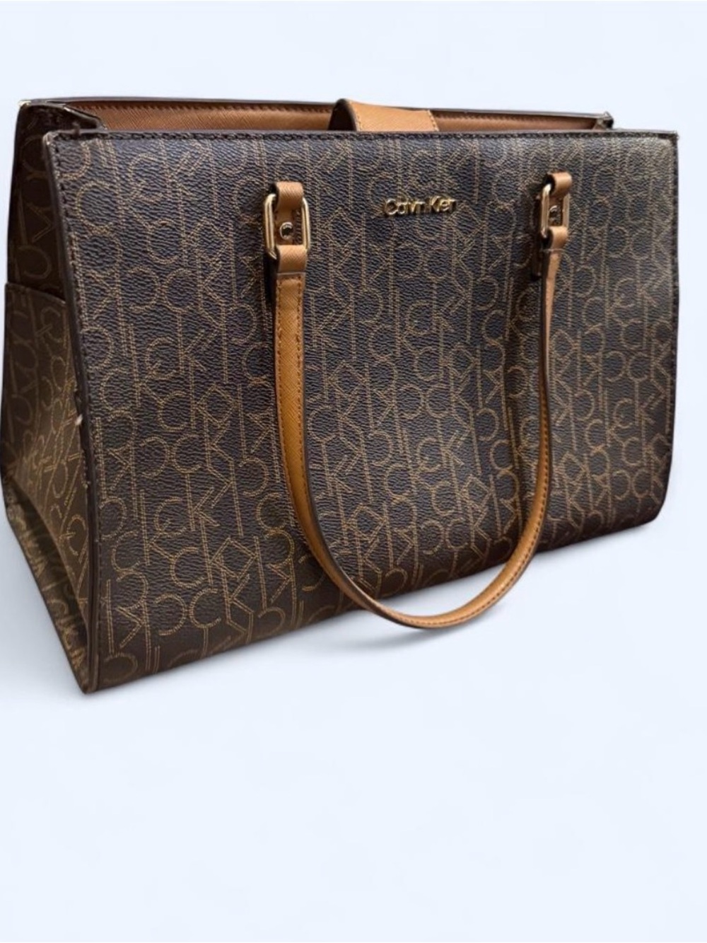 Calvin Klein Brown Monogram Tote with Tan Handles